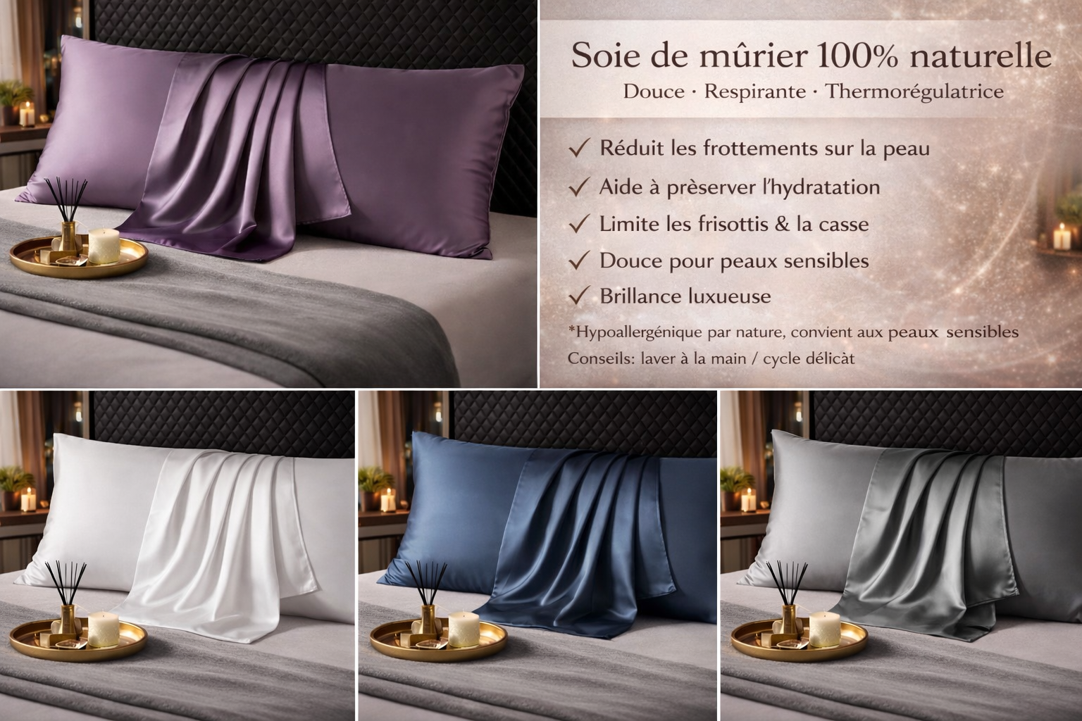 Taie d’oreiller en soie de mûrier 100% naturel plusieurs tailles – SoftDream
